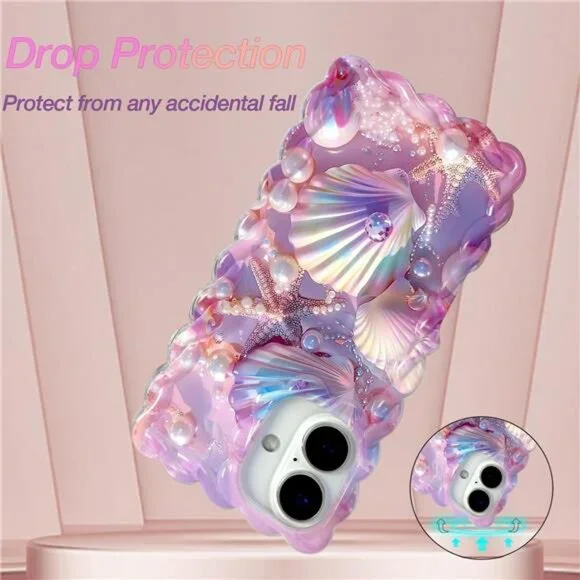 Iphone 16 15 14 13 Colorful Seashell Glossy iPhone Case with Curly Wave Border - Picture 7 of 7